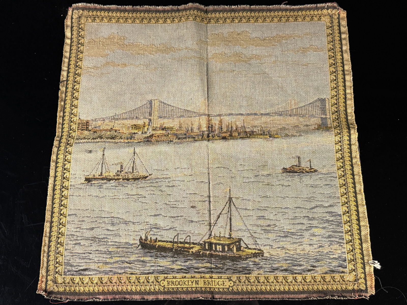 Vintage French Jacquard Tapestry of the Brooklyn Bridge and North River (1 of 4)