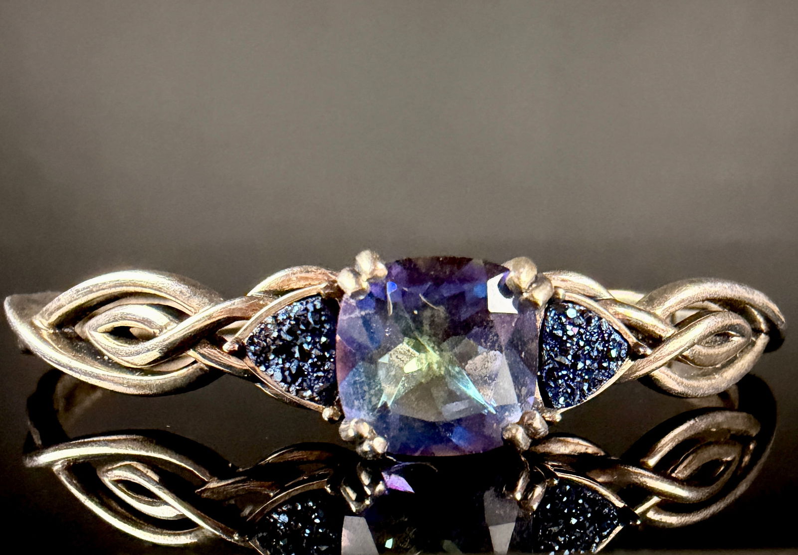 Sterling Silver Cuff Bracelet with Iridescent Gemstone and Druzy Quartz (1 of 9)