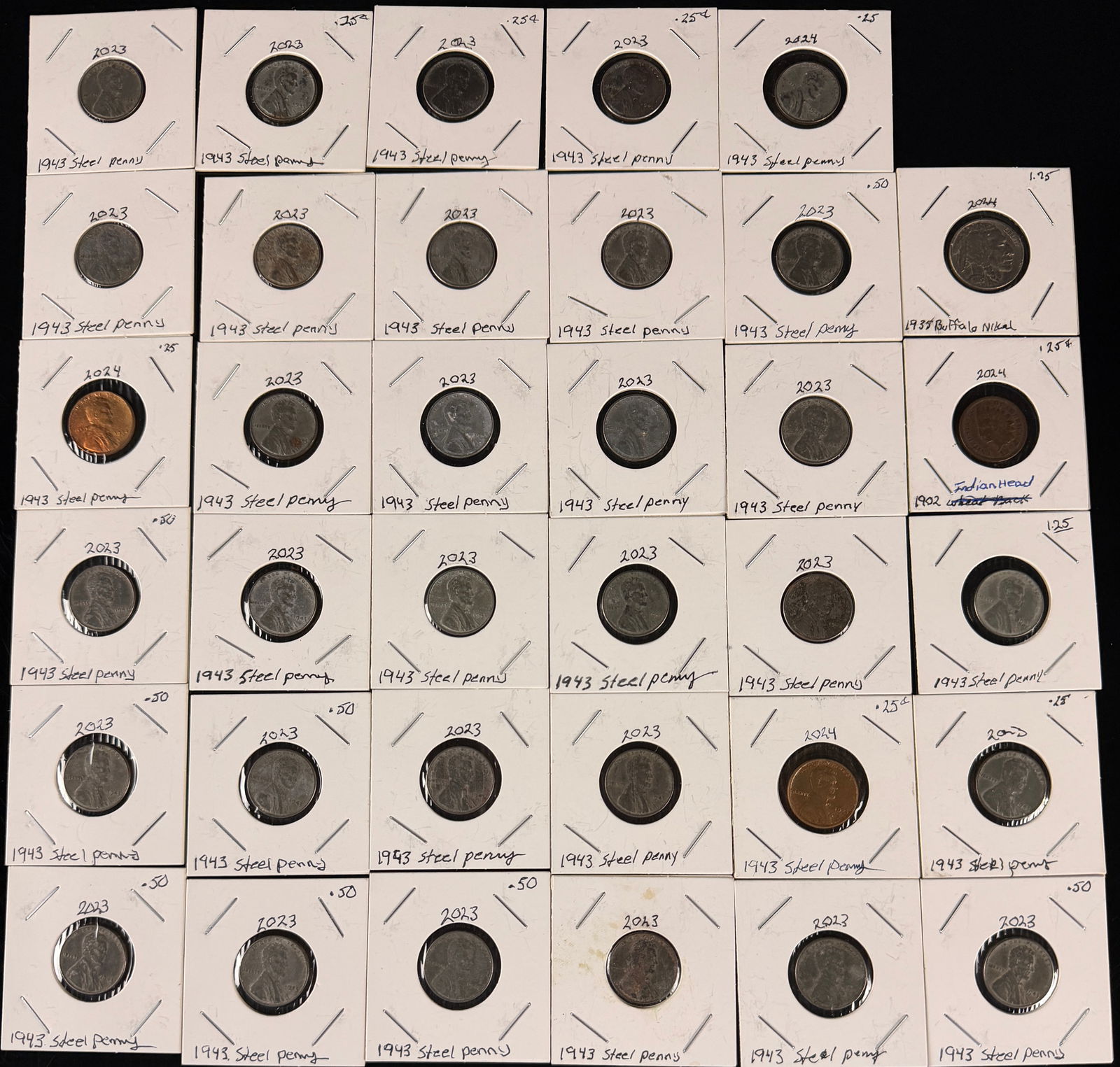A Collection of United States Coins including 1943 Steel Cents, a Buffalo Nickel, and an Indian Head (1 of 6)