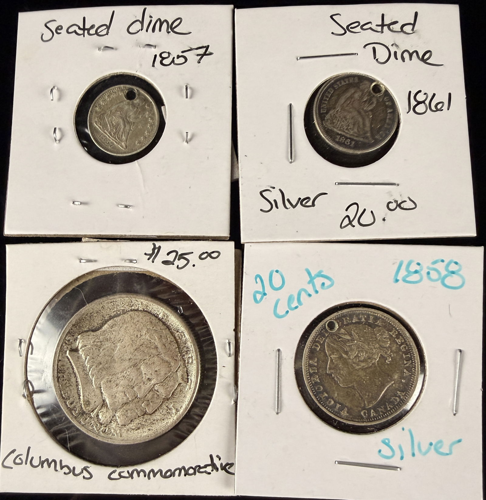 A Collection of 19th and 20th Century United States and Canadian Silver Coins: This collection features several silver coins from the United States and Canada, each housed in individual cardboard and plastic protective flips. The group includes two United States Seated Liberty d