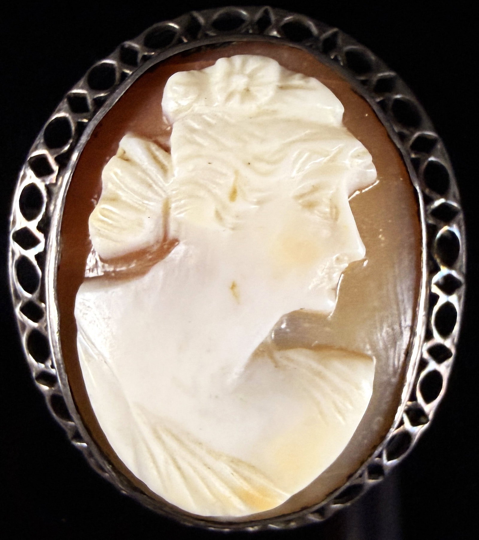 A Vintage Hand-Carved Shell Cameo Brooch in a Silver-Toned Filigree Frame (1 of 6)