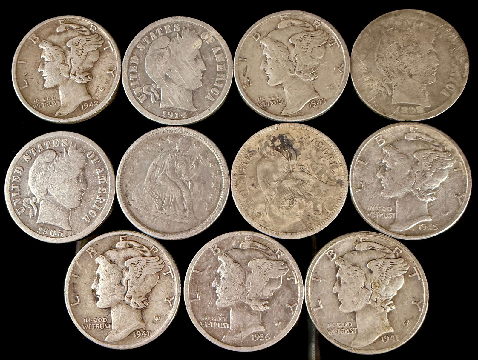 A Collection of United States Silver Dimes including Liberty Seated Barber and Mercury Types (1 of 6)