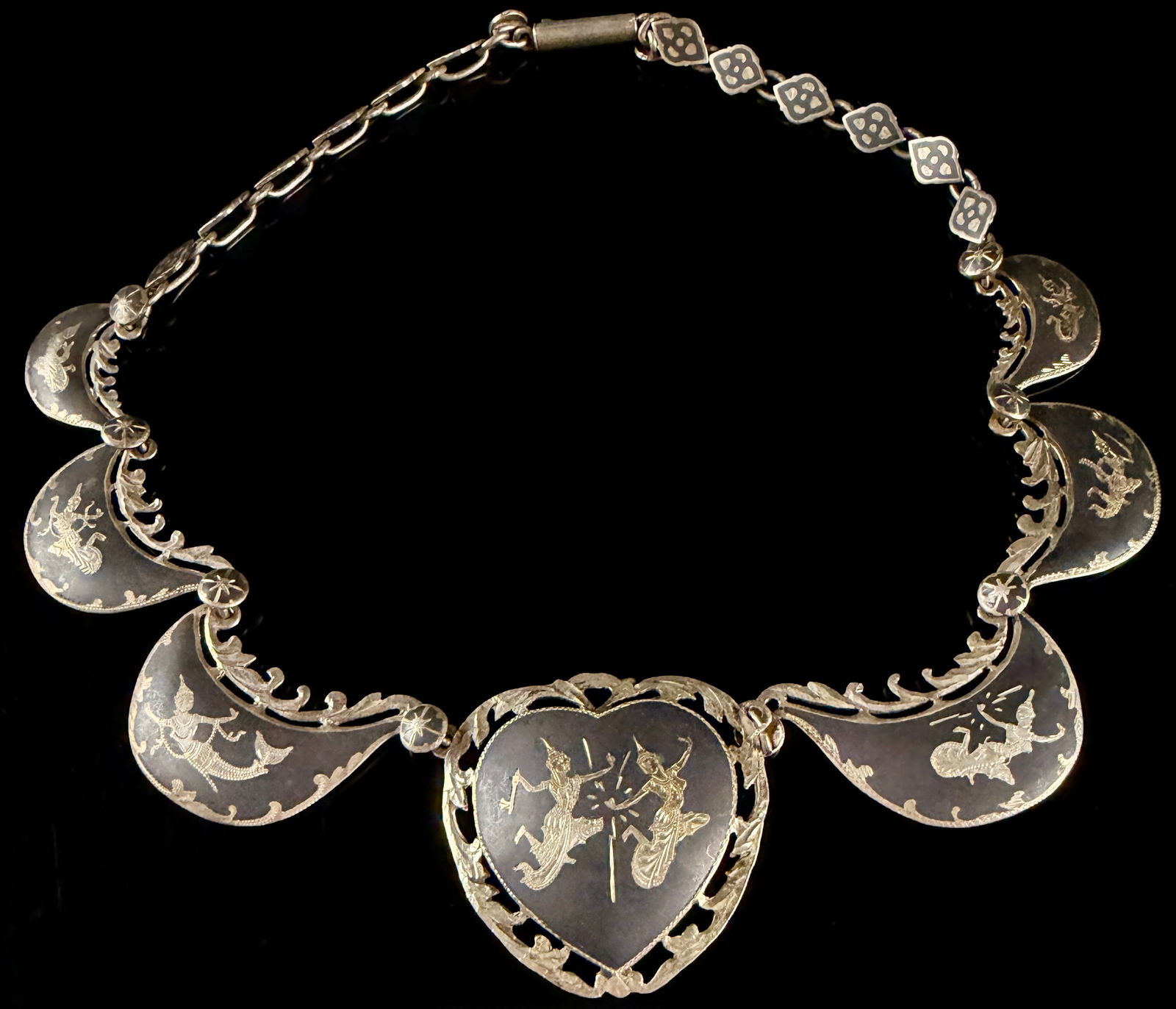 Siamese Sterling Silver and Niello Heart Statement Necklace (1 of 8)