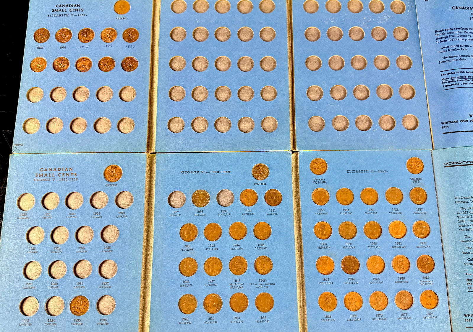 Two Whitman Canadian Small Cent Coin Folders: Produced by Whitman Coin Products, this group of two coin folders contains a collection of various Canadian small cents spanning the 20th and early 21st centuries. The lot includes Number One 1920 to