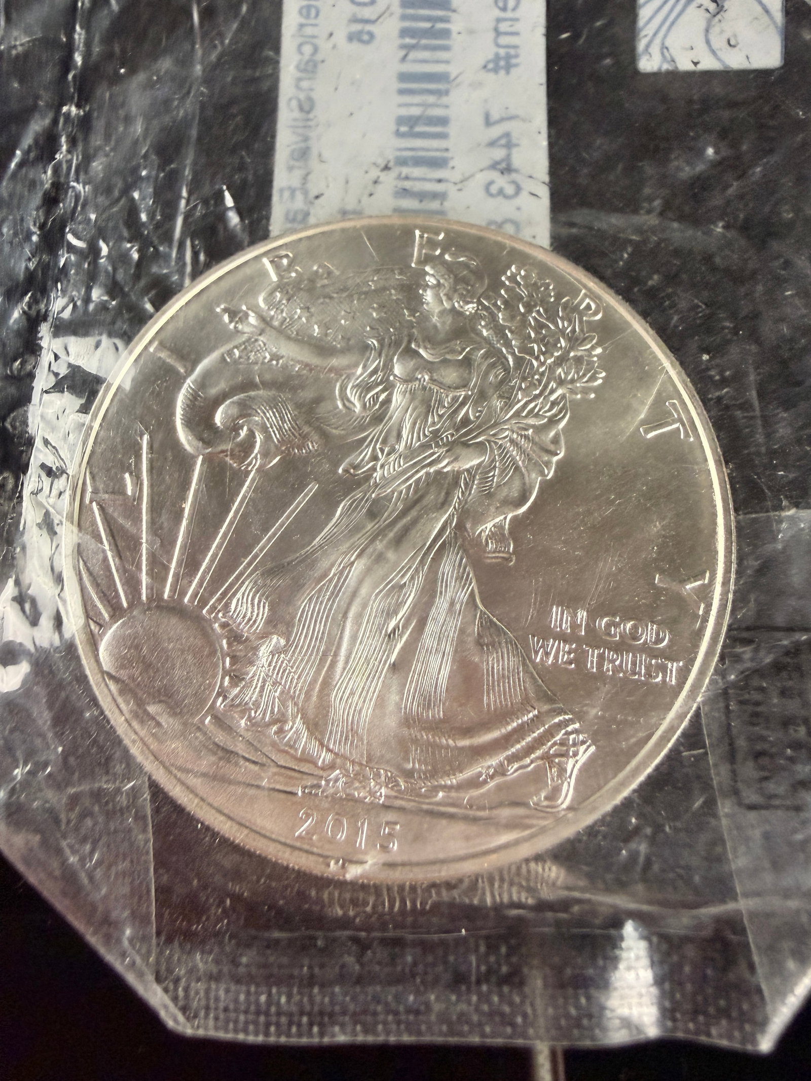 2015 American Silver Eagle One Dollar 1 oz Fine Silver Coin: This 2015 American Silver Eagle one-dollar bullion coin is struck in 1 oz of fine silver. The obverse features Adolph A. Weinmanâ€™s Walking Liberty design, inscribed with LIBERTY, IN GOD WE T
