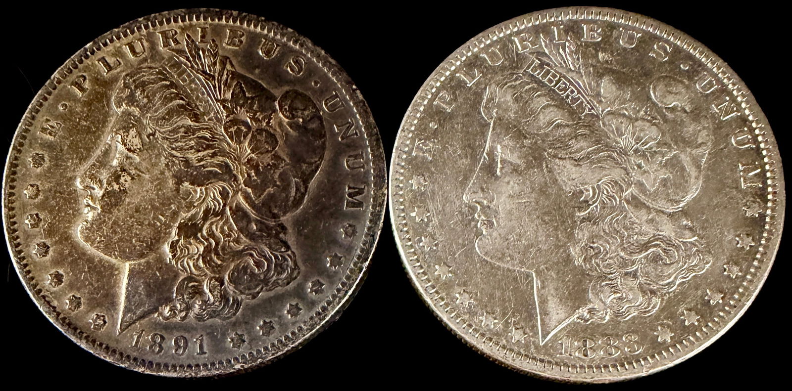 A Pair Morgan Silver Dollars, 1883 and 1891 O (1 of 5)