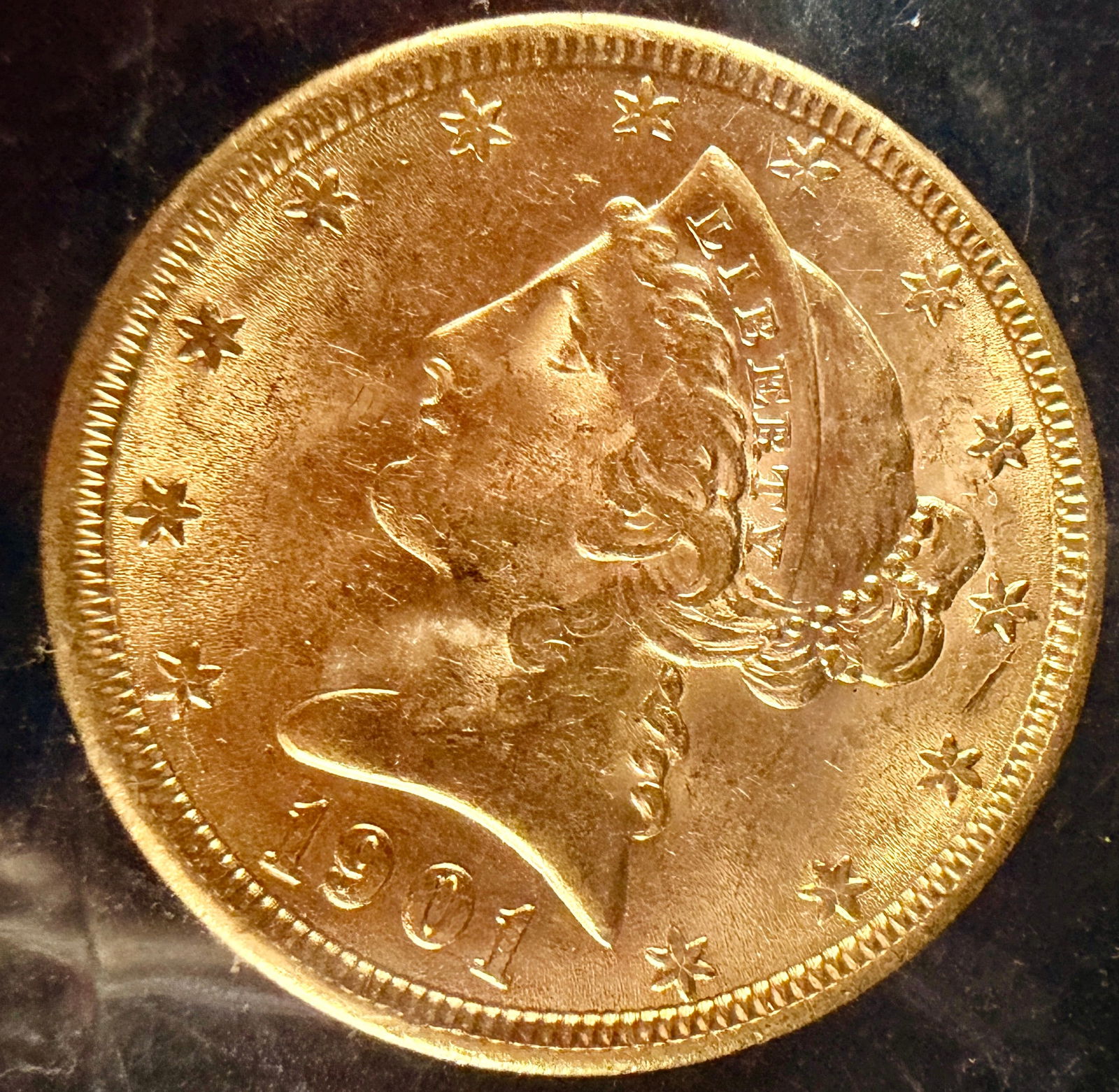 1901 United States Liberty Head $5 Gold Half Eagle: This 1901 United States Liberty Head gold half eagle is struck in gold. The obverse features a left-facing profile of Liberty wearing a coronet inscribed LIBERTY, surrounded by thirteen stars with