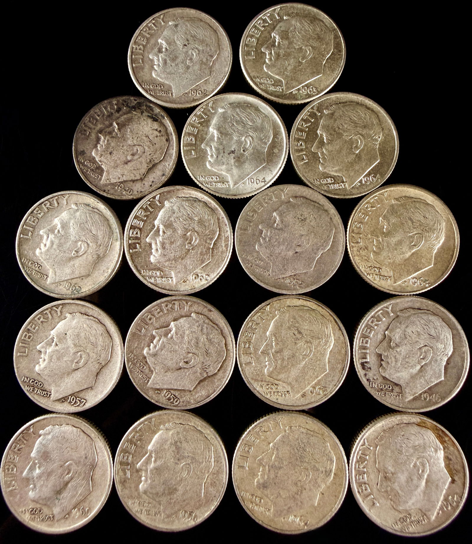 A Collection of United States 90% Silver Roosevelt Dimes: A collection of United States Roosevelt dimes struck in 90% silver. The assortment includes assorted dates ranging from 1946 through 1964. The obverse of each coin features the profile of President Fr
