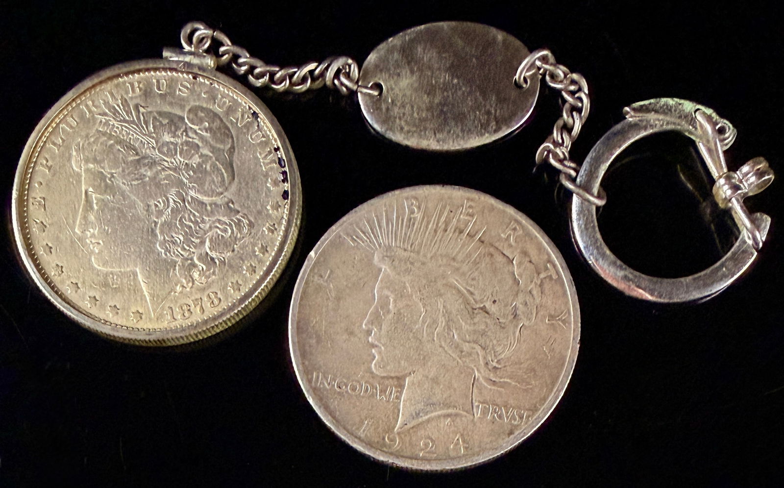 Two United States Silver Dollars Including an 1878 Morgan Dollar Keychain (1 of 5)