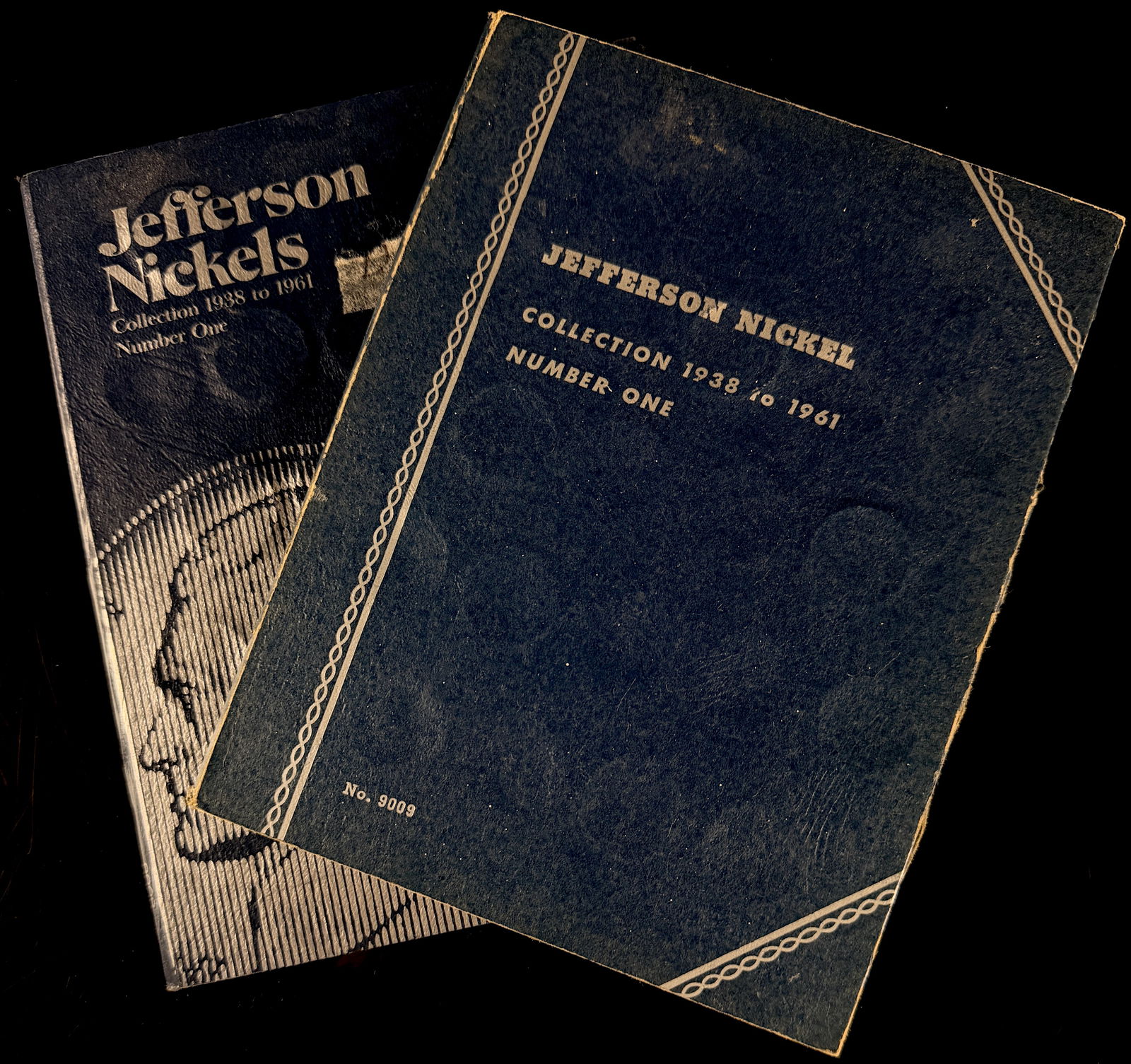A Pair of Whitman Jefferson Nickel Collection Folders 1938 to 1961 Number One: A pair of Whitman Jefferson Nickel collection folders, titled Collection 1938 to 1961 Number One. These blue-toned cardboard albums house an assortment of United States Jefferson nickels minted betwee