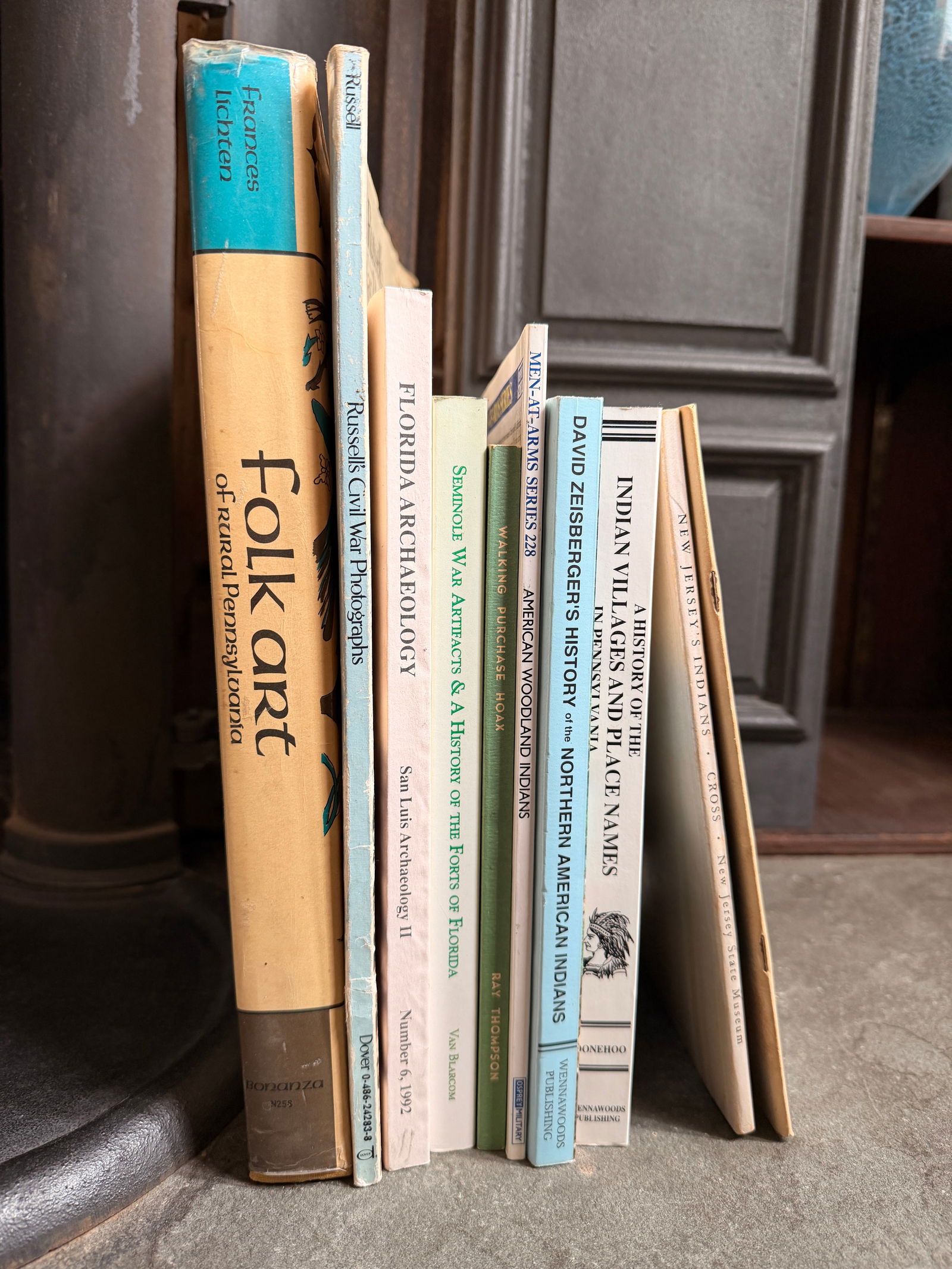 A Collection of Books and Pamphlets on Native American History, Archaeology, and American Folk Art: This collection comprises various publications focused on North American indigenous history, regional archaeology, and American folk art. Key titles include Folk Art of Rural Pennsylvania by Frances L