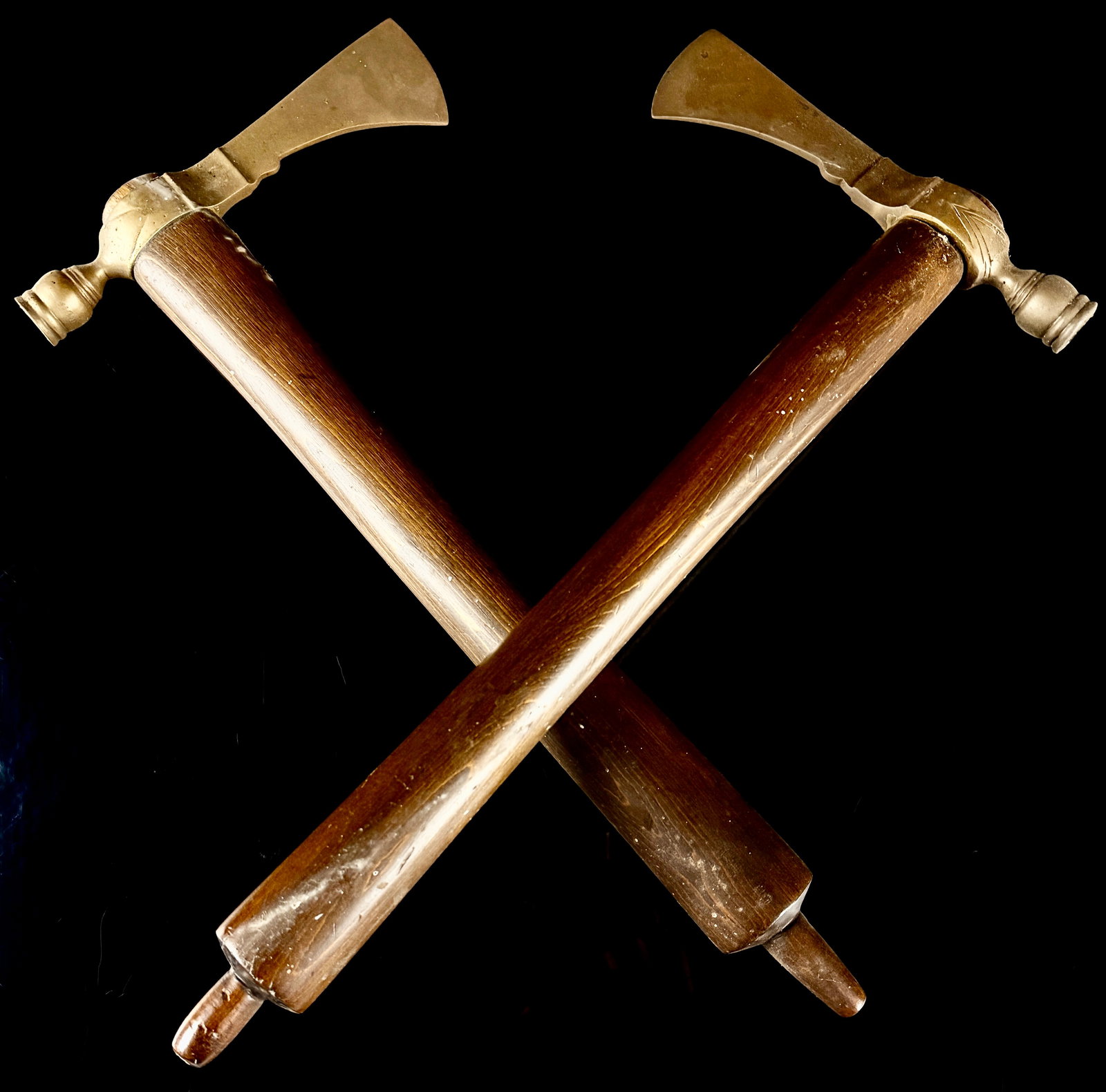 A Pair of Brass-Toned Metal and Wood Pipe Tomahawks (1 of 10)
