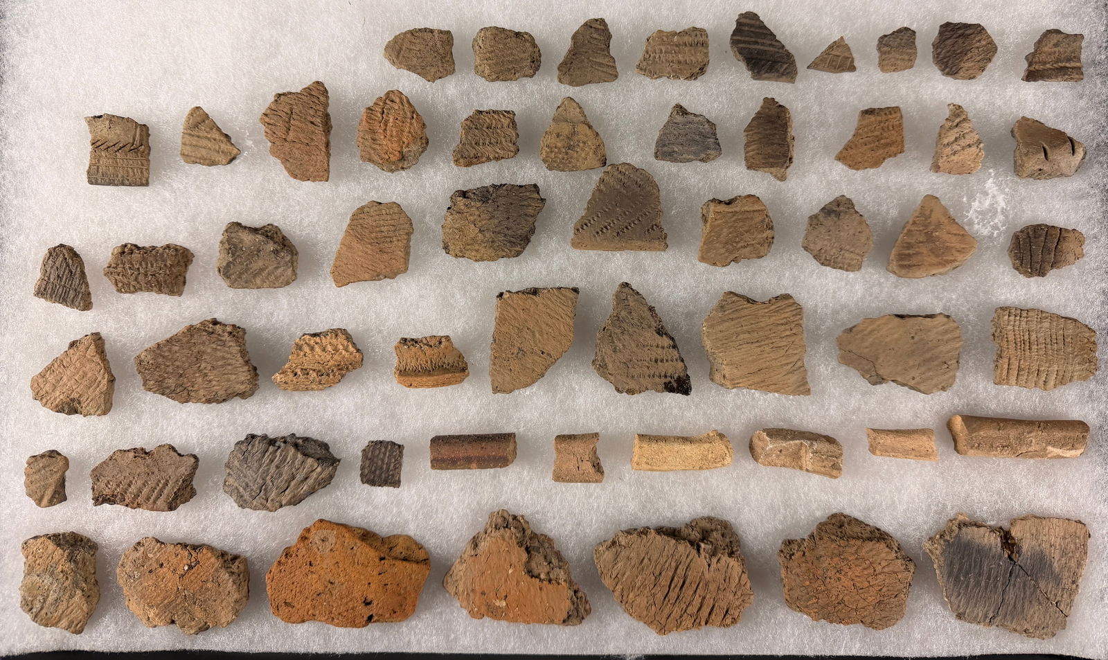 A Collection of Indigenous American Pottery Sherds and Pipe Stem Fragments: A collection of numerous pottery sherds and several cylindrical fragments, possibly pipe stems or worked bone, presented on a white foam backing within a black display case. The pottery fragments