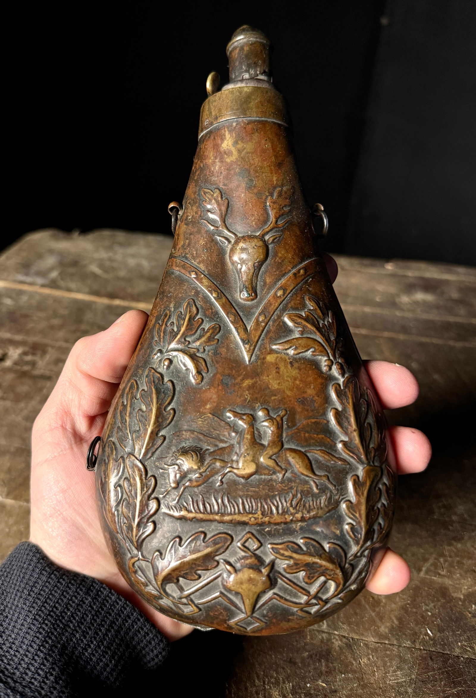 Civil War Era Embossed Copper and Brass Hunting Powder Flask (1 of 5)