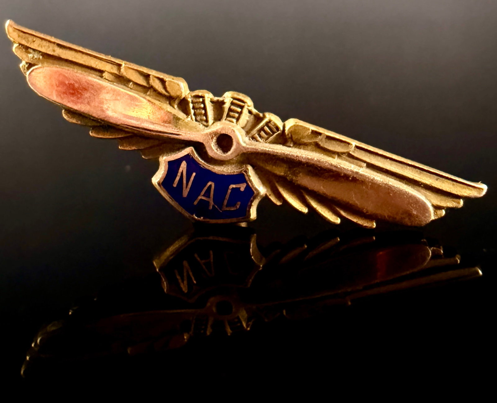 WWII Era National Air Council 10K Gold Filled Aviation Wing Pin: This mid-20th century aviation wing pin features a central radial engine and two-blade propeller flanked by outstretched feathered wings. A small shield at the base is finished in dark blue enamel wit