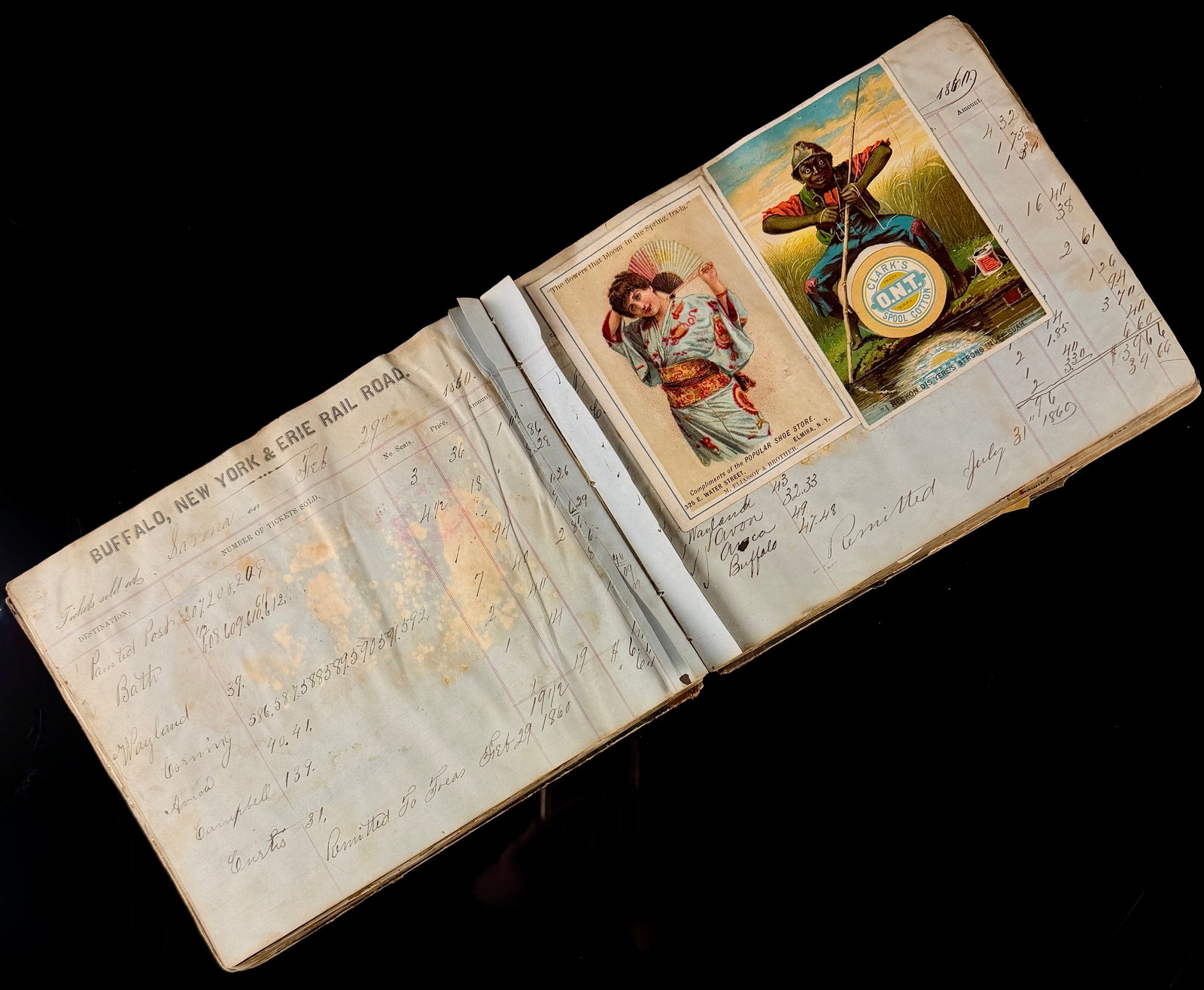 1858 Erie Railroad Savona NY Ledger Repurposed as Victorian Advertising Scrapbook: This volume is a mid-19th-century manuscript ledger from the Buffalo, New York and Erie Rail Road, originally used at the Savona, New York station and later repurposed as a Victorian-era advertising s