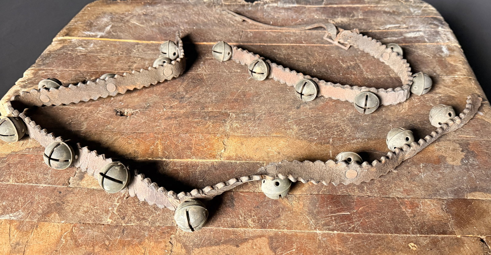 Antique Cast Brass Sleigh Bells on Scalloped Leather Strap (1 of 7)