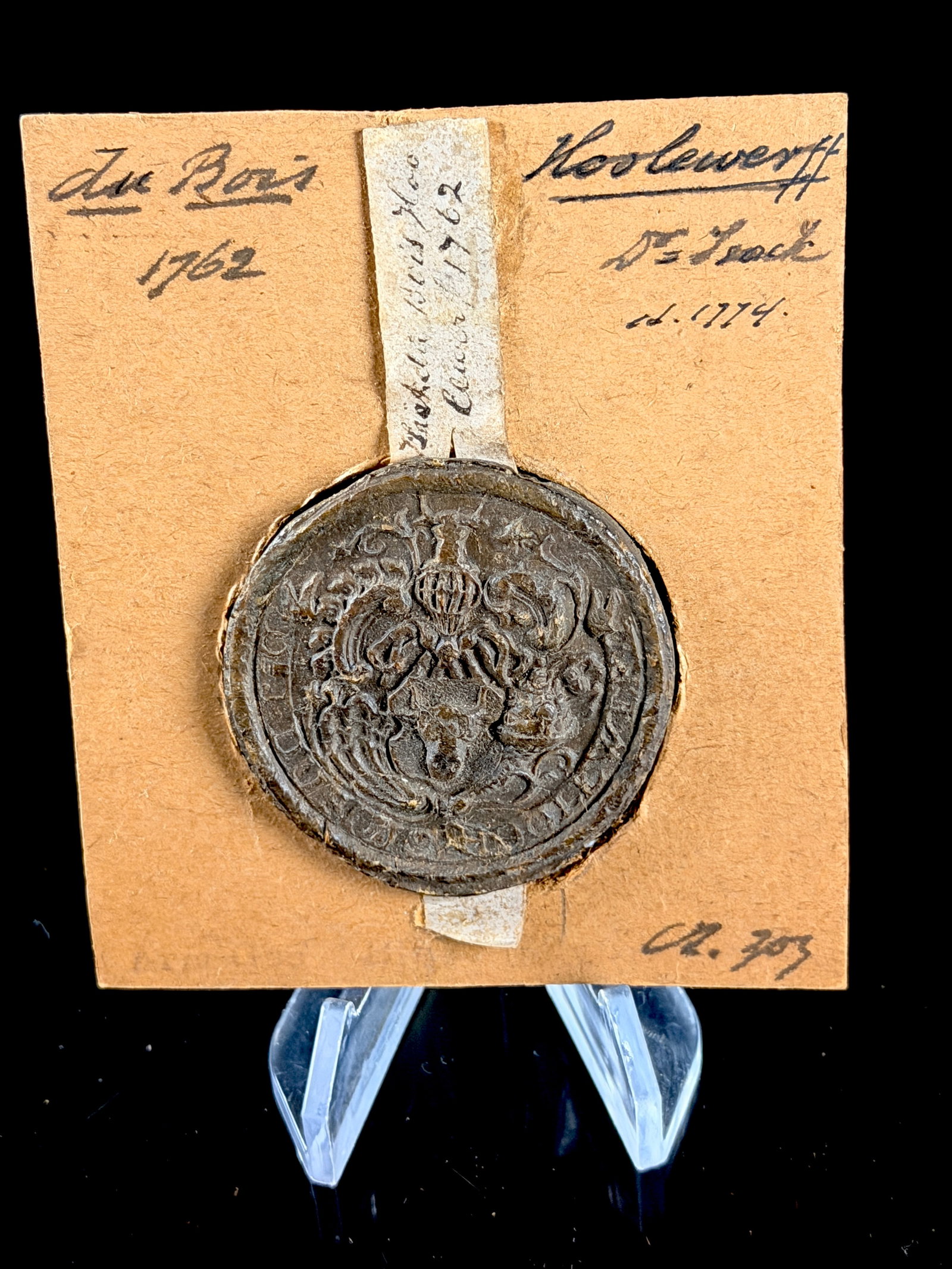 18th Century Heraldic Wax Seal Impression, Du Bois and Koolewerff Families, dated 1762 and 1774 (1 of 9)