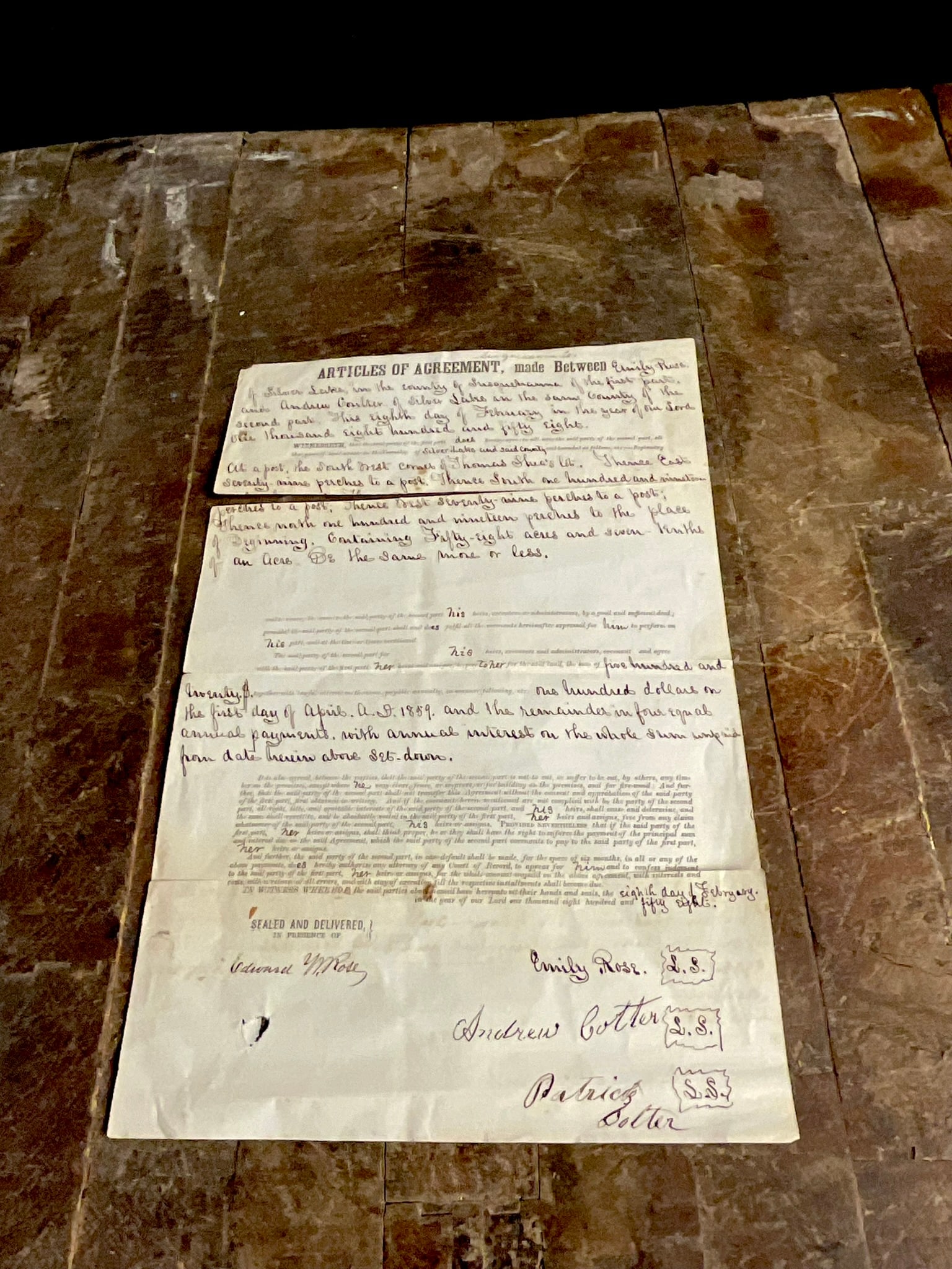1858 Susquehanna County Pennsylvania Land Sale Articles of Agreement Emily Rose to Andrew Coulter: This mid-19th-century legal manuscript, titled Articles of Agreement, is dated February 8, 1858, and originates from Susquehanna County, Pennsylvania. The document records a land sale between Emily Ro