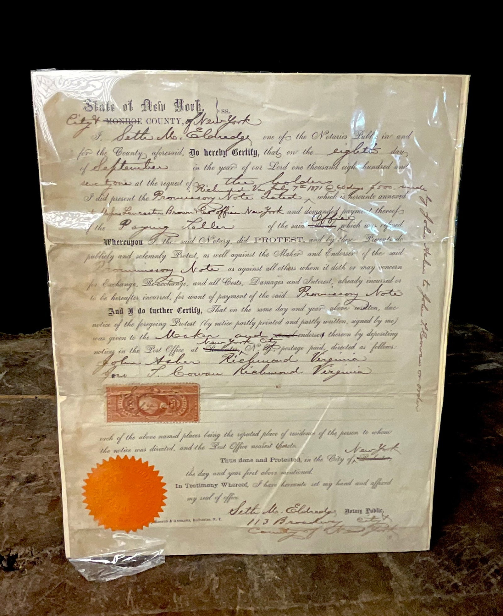 1871 Notary Protest of a Promissory Note New York City to Richmond Virginia (1 of 12)