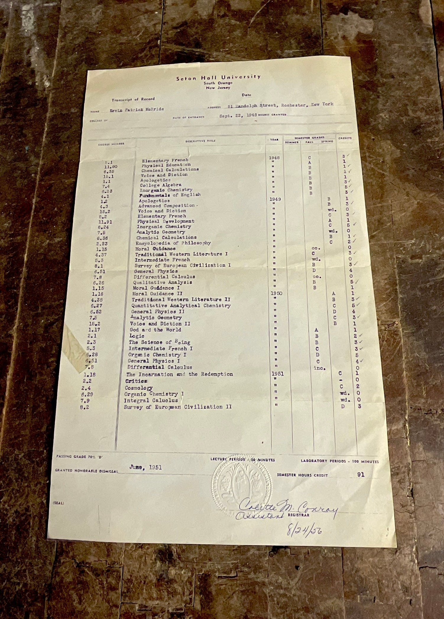 Seton Hall University Transcript of Record for Kevin Patrick McBride 1948-1951 (1 of 8)