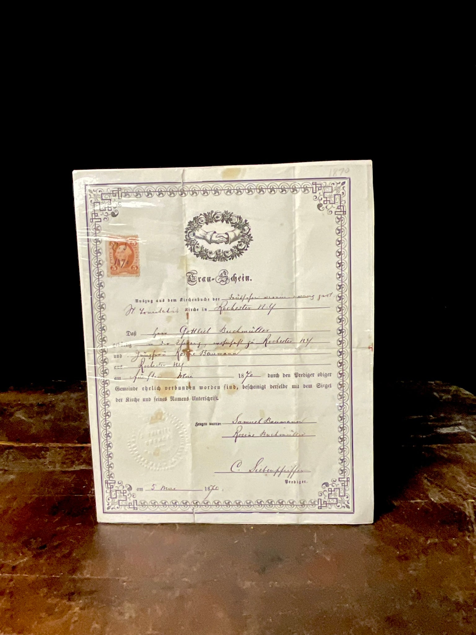 1870 Rochester New York German Language Marriage Certificate St. Trinity Church (1 of 10)