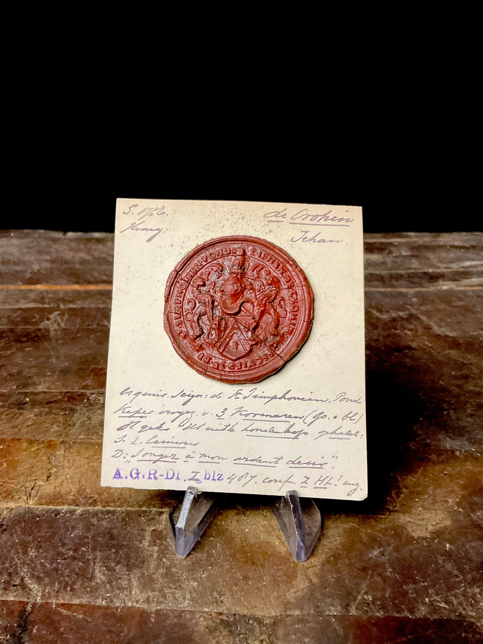 18th Century Heraldic Wax Seal Specimen of Jehan de Crohin Seigneur of Saint-Symphorien dated 1756 (1 of 9)