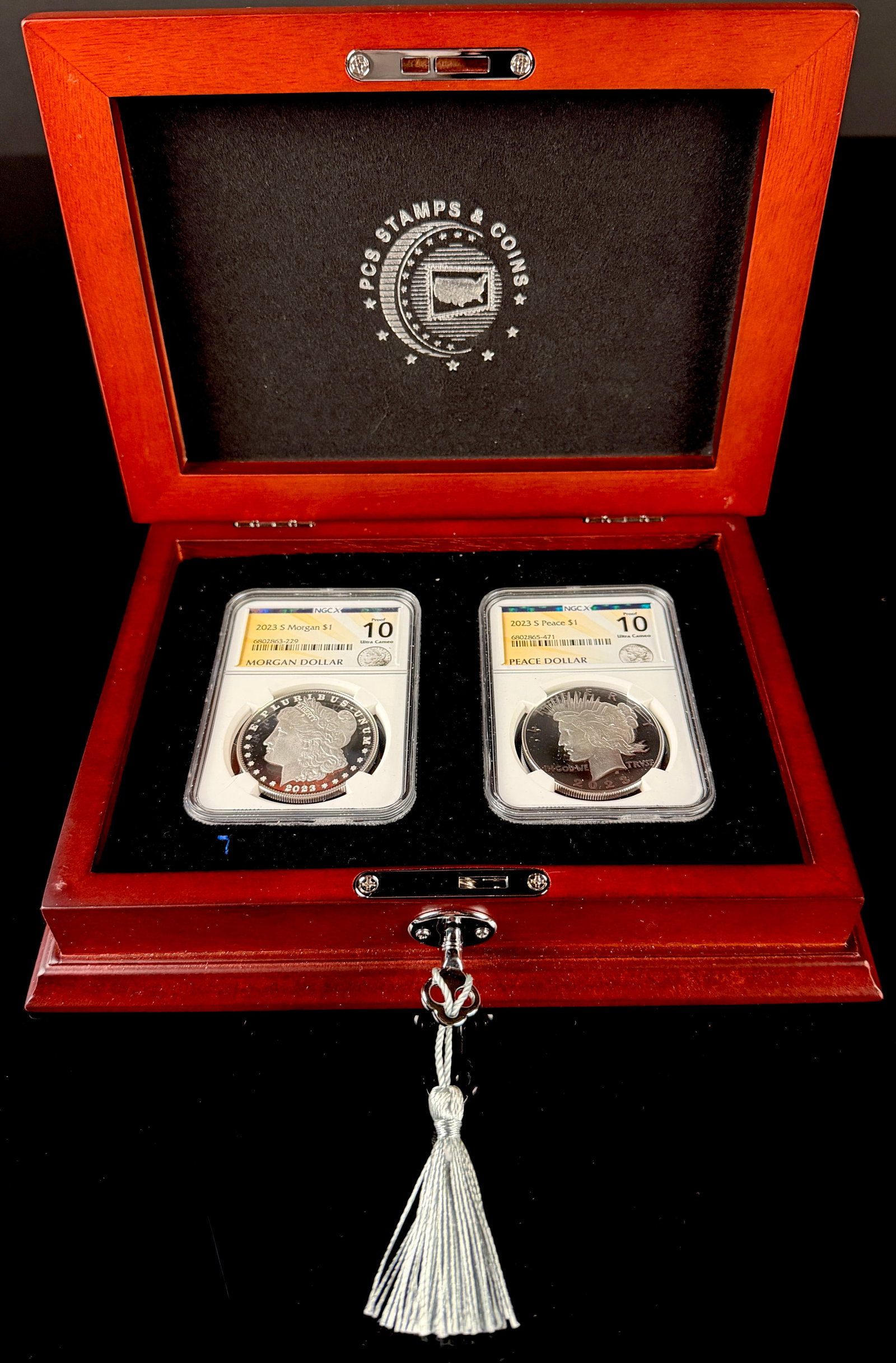 A Pair of US 2023-S Proof Morgan and Peace Silver Dollars, NGCX 10 Ultra Cameo, PCS Stamps & Coins (1 of 7)