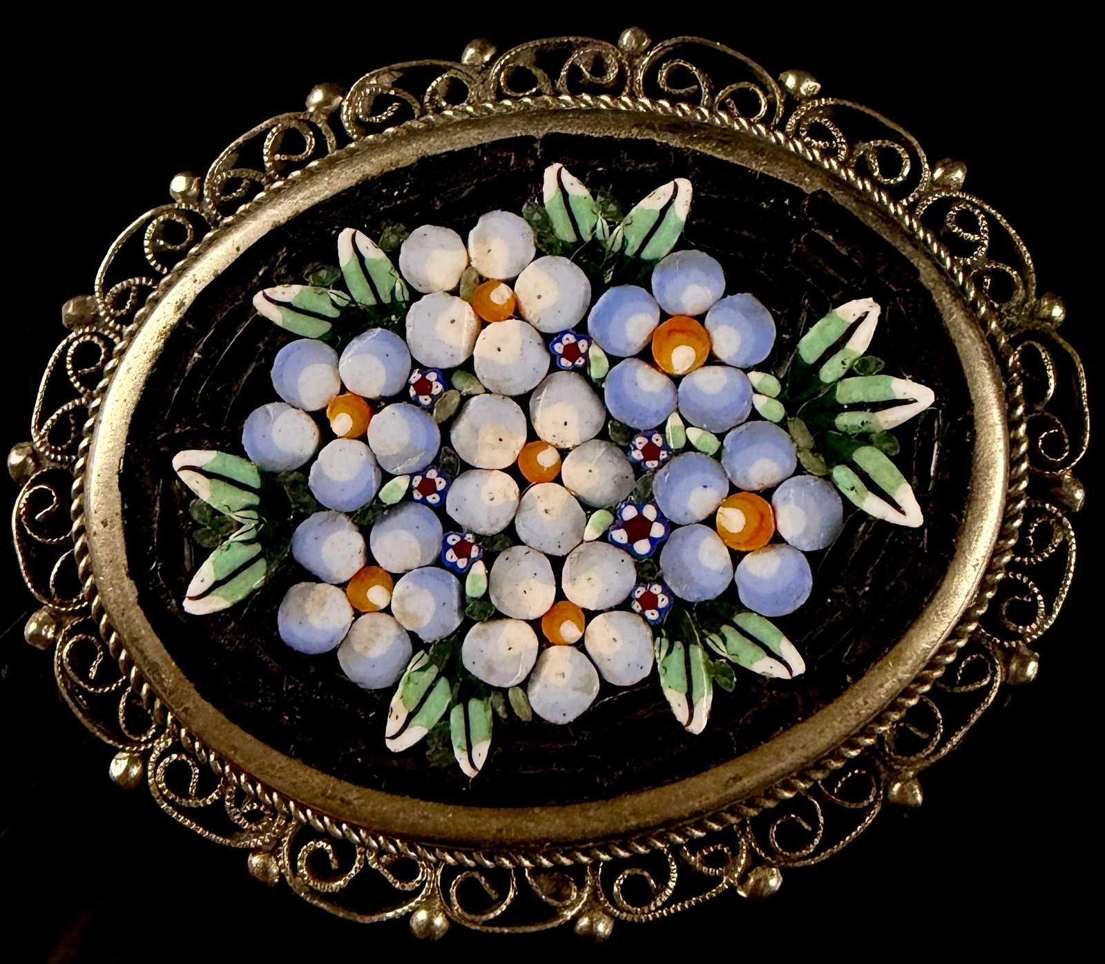 Vintage Italian Micro-Mosaic Floral Brooch in Silver-Tone Filigree Frame (1 of 4)