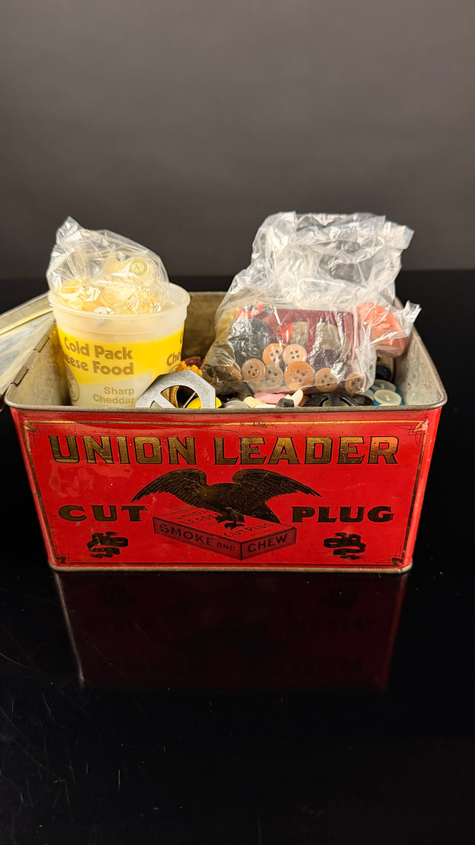 Vintage Union Leader Cut Plug Tobacco Tin with Assortment of Buttons and Notions (1 of 5)