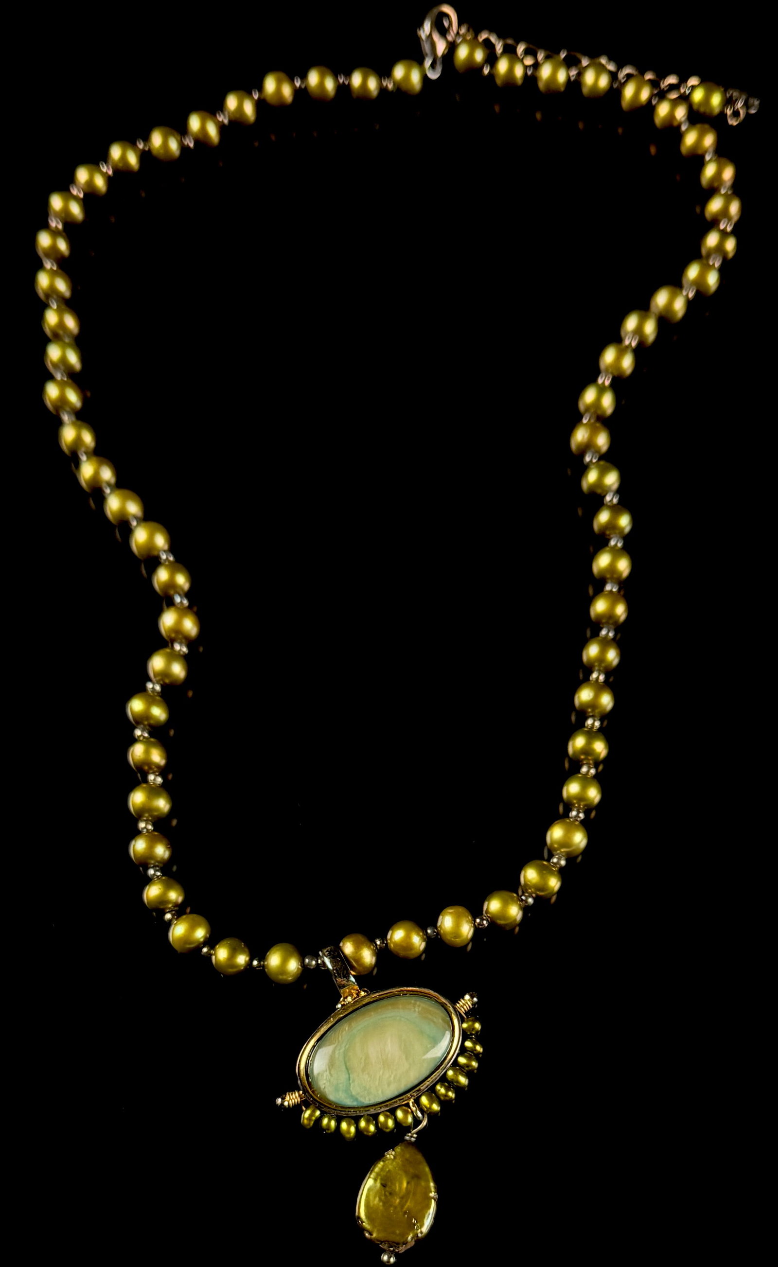 Sterling Silver Beaded Necklace with Green Cabochon and Pearl Pendant (1 of 7)