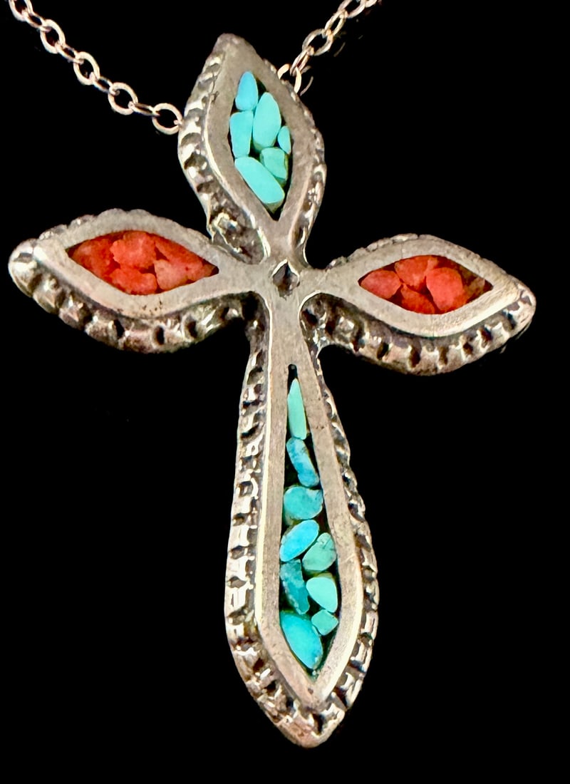 Vintage Southwestern Sterling Silver Turquoise and Coral Chip Inlay Cross Necklace (1 of 4)