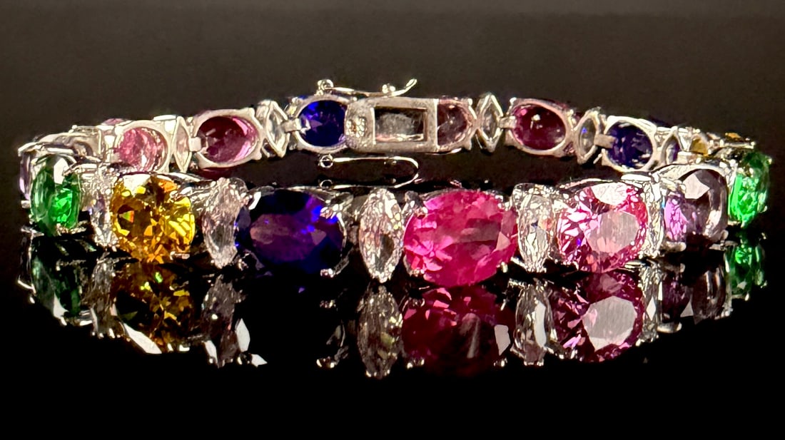 Multi-Color Gemstone and Colorless Accent Sterling Silver Link Bracelet (1 of 8)