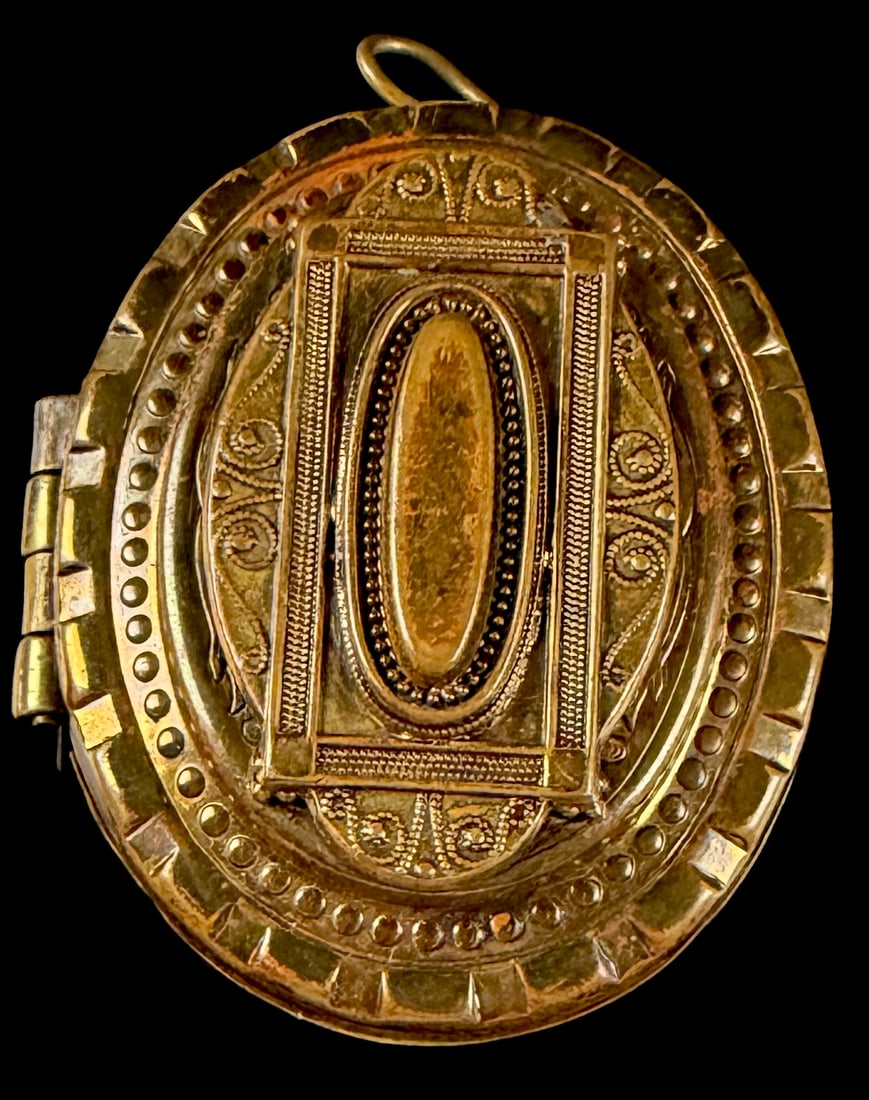 Victorian Style Etruscan Revival Yellow Metal Locket Pendant (1 of 4)