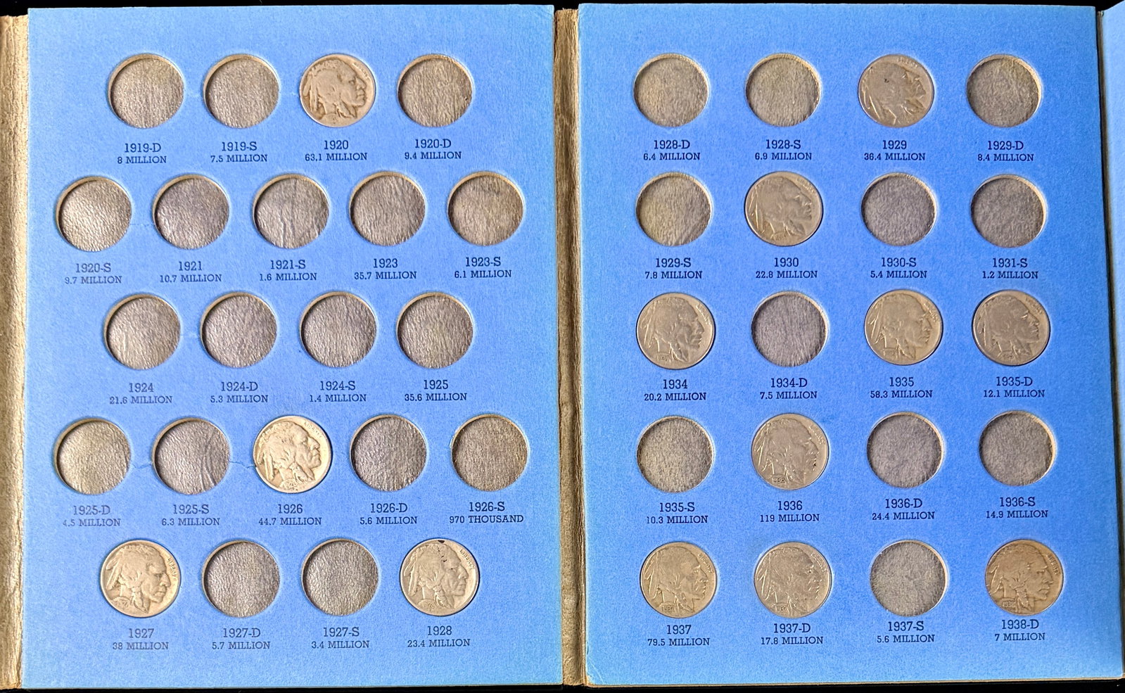 US Buffalo Nickel Collection 1913-1938 in Whitman Folder No. 9008: A collection of US five-cent coins, commonly referred to as Buffalo or Indian Head nickels, housed in a blue Whitman-style coin folder labeled Buffalo Nickel Collection 1913 to 1938, No. 9008. The ass