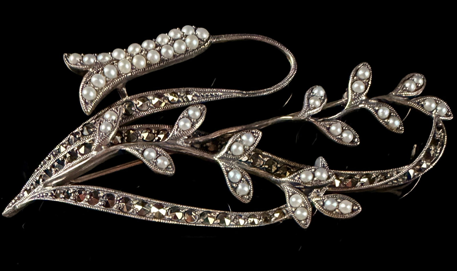 Sterling Silver Marcasite and Seed Pearl Floral Spray Brooch (1 of 6)