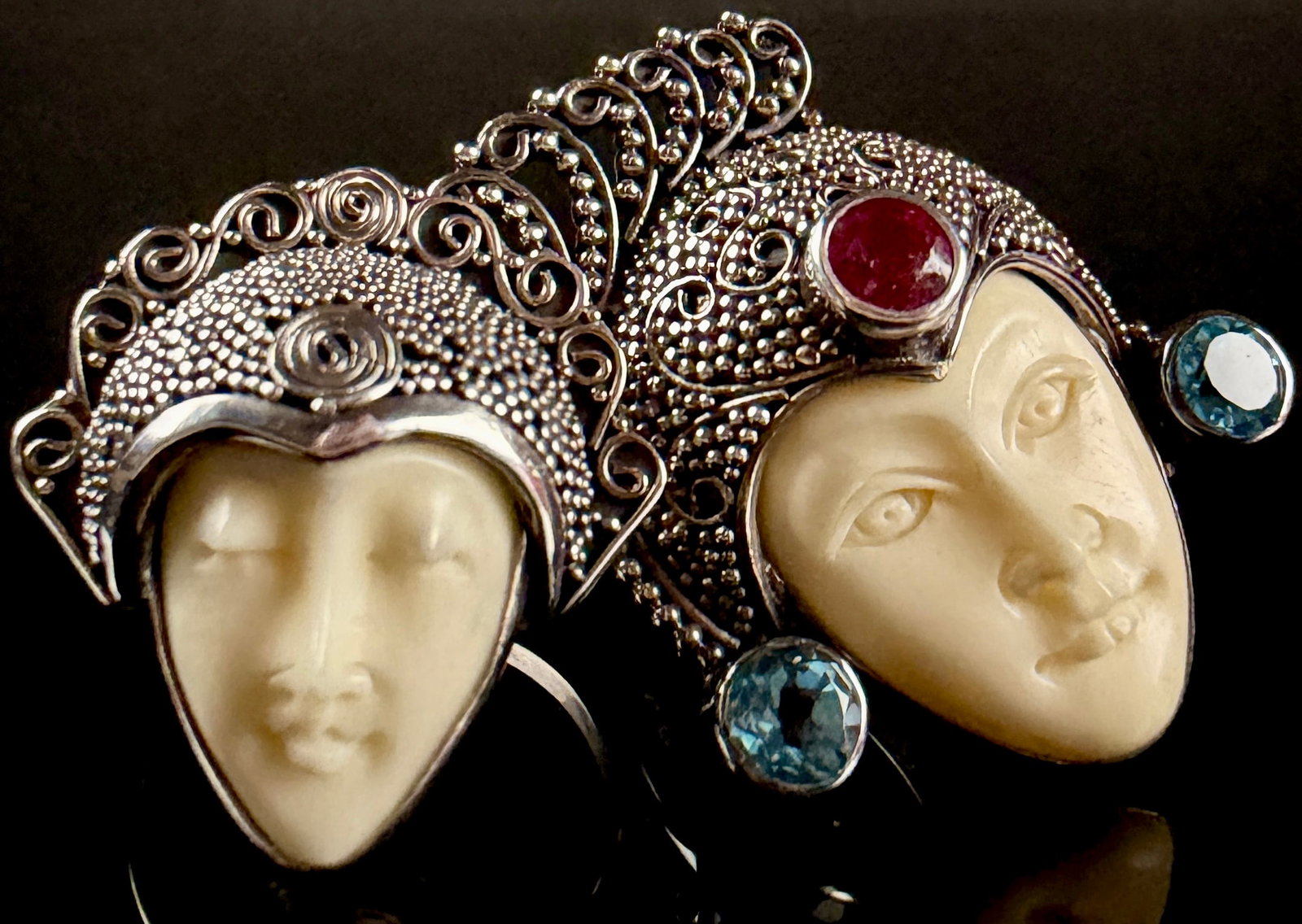 Two Balinese Sterling Silver and Carved Bone Goddess Mask Rings (1 of 9)