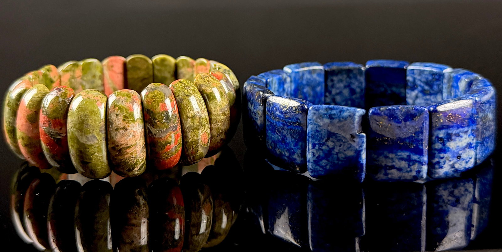 Two Gemstone Stretch Bracelets Featuring Lapis Lazuli and Unakite (1 of 5)