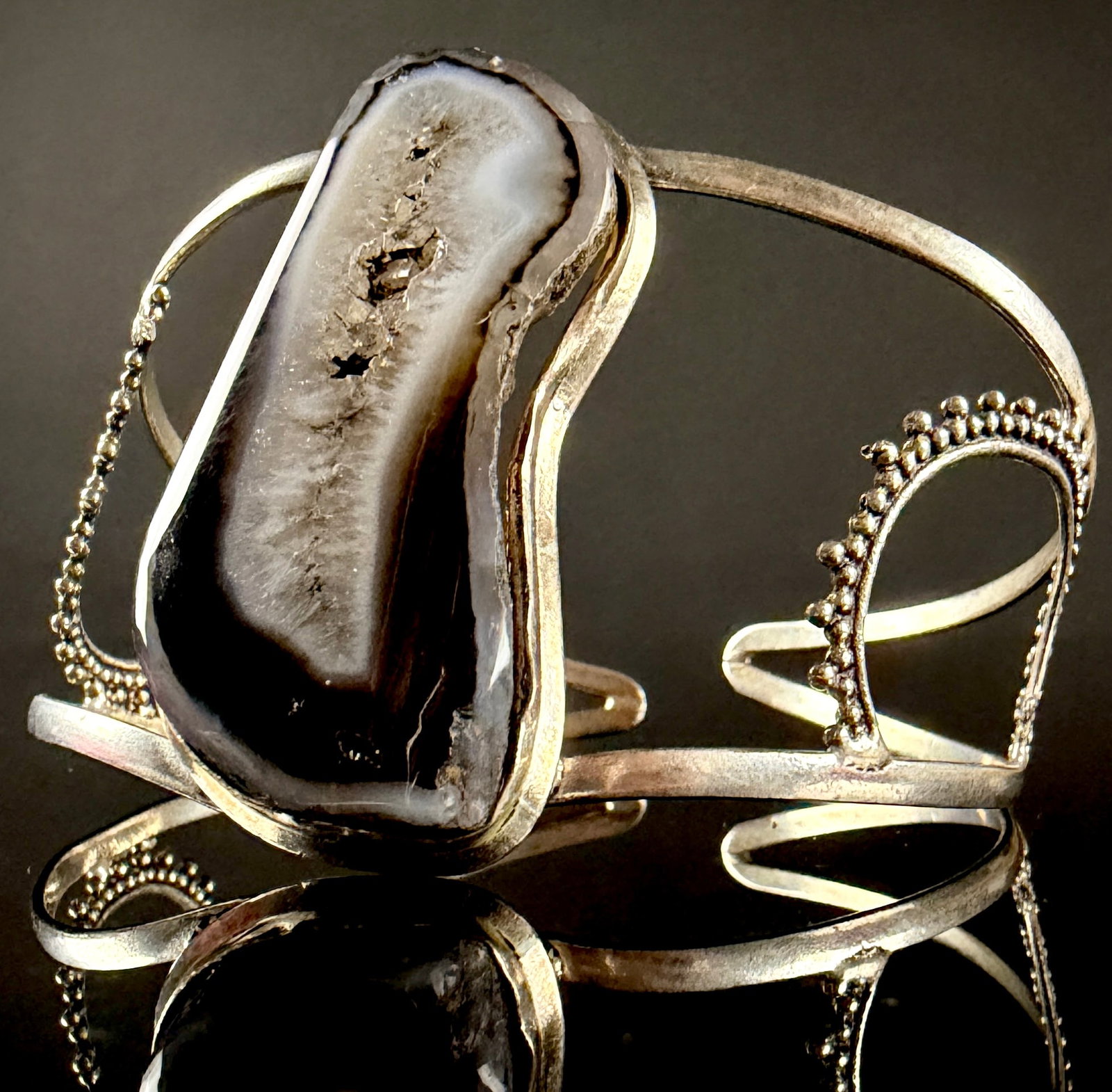 Artisan Modernist Silver Toned Openwork Cuff Bracelet with Large Agate Druzy Slice (1 of 8)