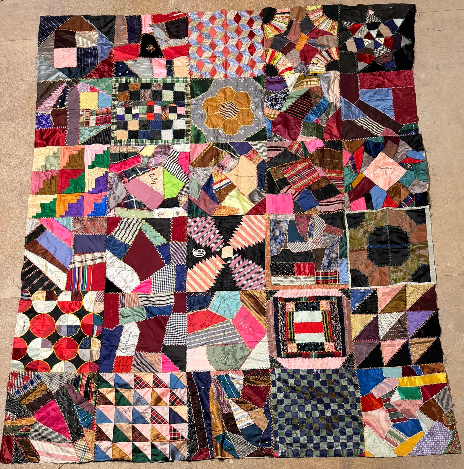 Victorian Era Crazy Quilt Top with Embroidered Signature Blocks (1 of 16)