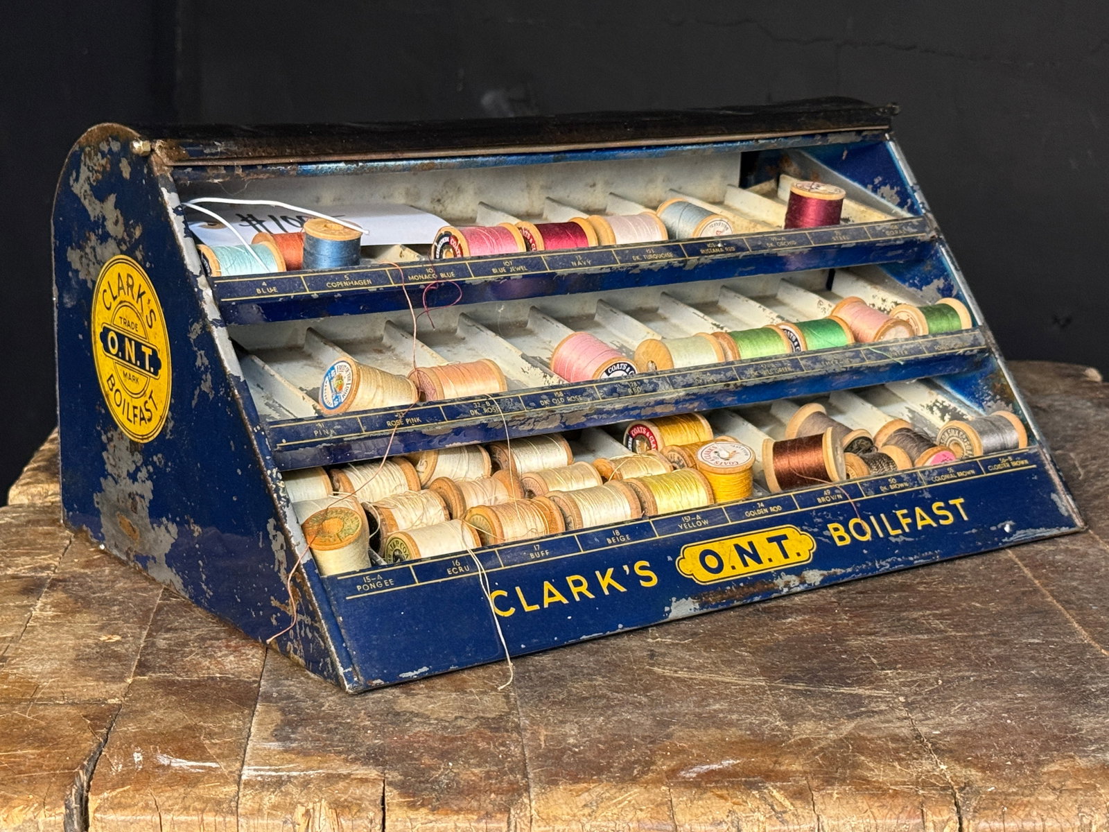 Vintage Clark's O.N.T. Boilfast Lithographed Metal Countertop Thread Display Cabinet with Spools (1 of 5)