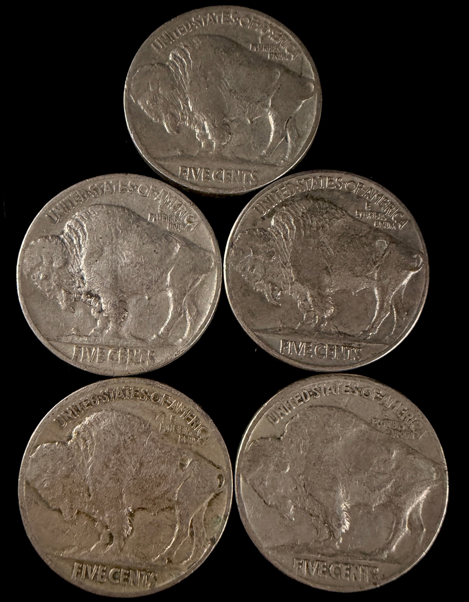 A Collection of US Five-Cent Coins Including Buffalo Nickels and Jefferson Silver War Nickel - 5