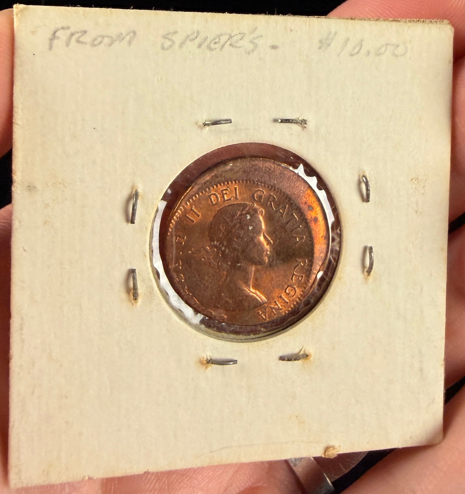 1960 CAN 1 Cent Off-Center Strike Mint Error: A 1960 CAN 1 cent coin featuring a major off-center strike mint error. Struck in a copper alloy, the obverse bears the laureate portrait of Queen Elizabeth II with the legend ELIZABETH II DEI GRATIA R
