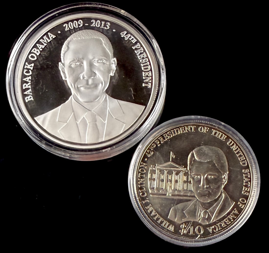 A Pair of US Presidential Commemorative Numismatic Items: This lot features a pair of numismatic items commemorating US Presidents. The first is a Republic of Liberia legal tender proof coin dated 2002 with a $10 denomination. The obverse presents a