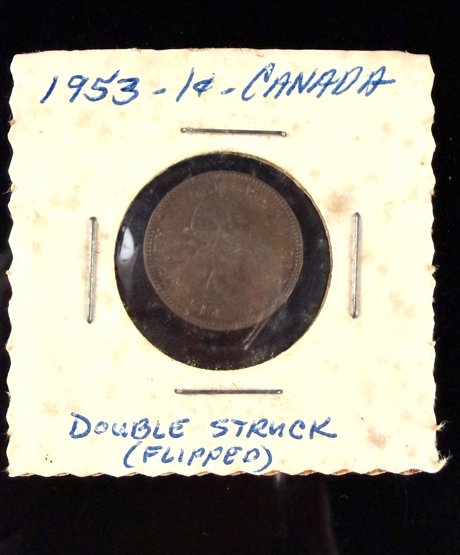 1953 CA 1 Cent Bronze Double Struck Flipped Major Mint Error: A 1953 Canadian bronze 1-cent coin featuring a significant major mint error identified as a double strike where the planchet was flipped between impressions. The obverse features the youthful