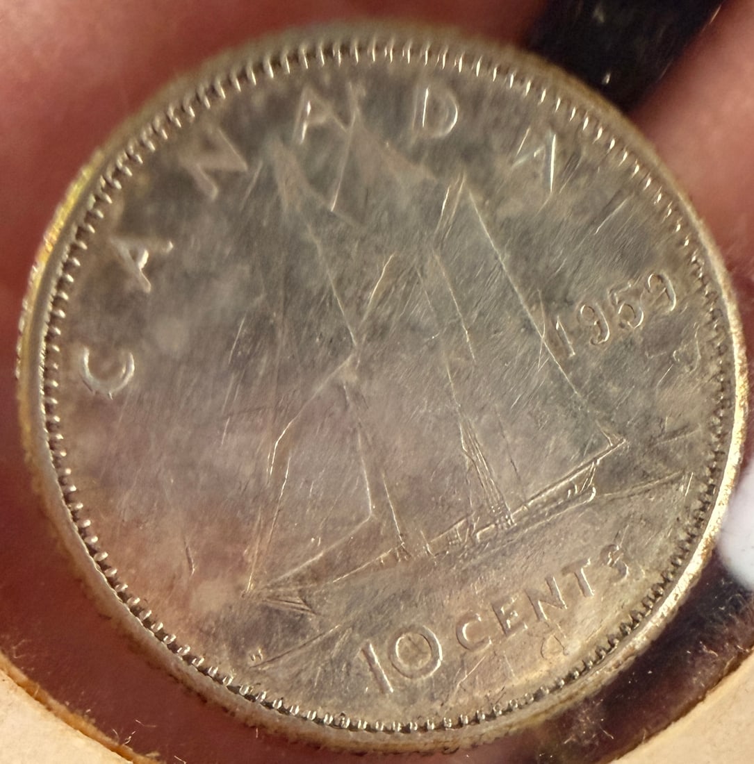 1959 CA Silver 10 Cents Flipped-Over Double Strike Mint Error - 2