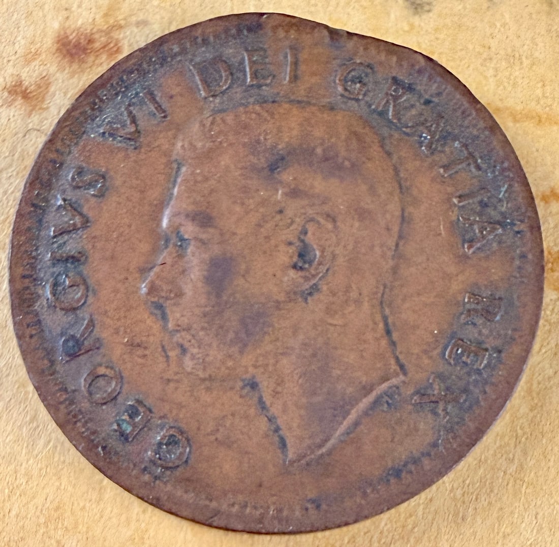 1951 CA 1 Cent George VI Straight Clip Mint Error - 2