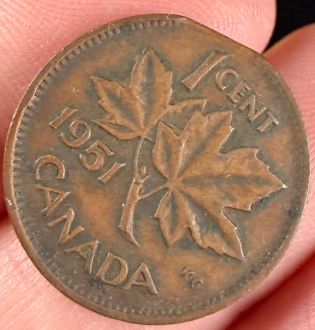 1951 CA 1 Cent George VI Straight Clip Mint Error - 3