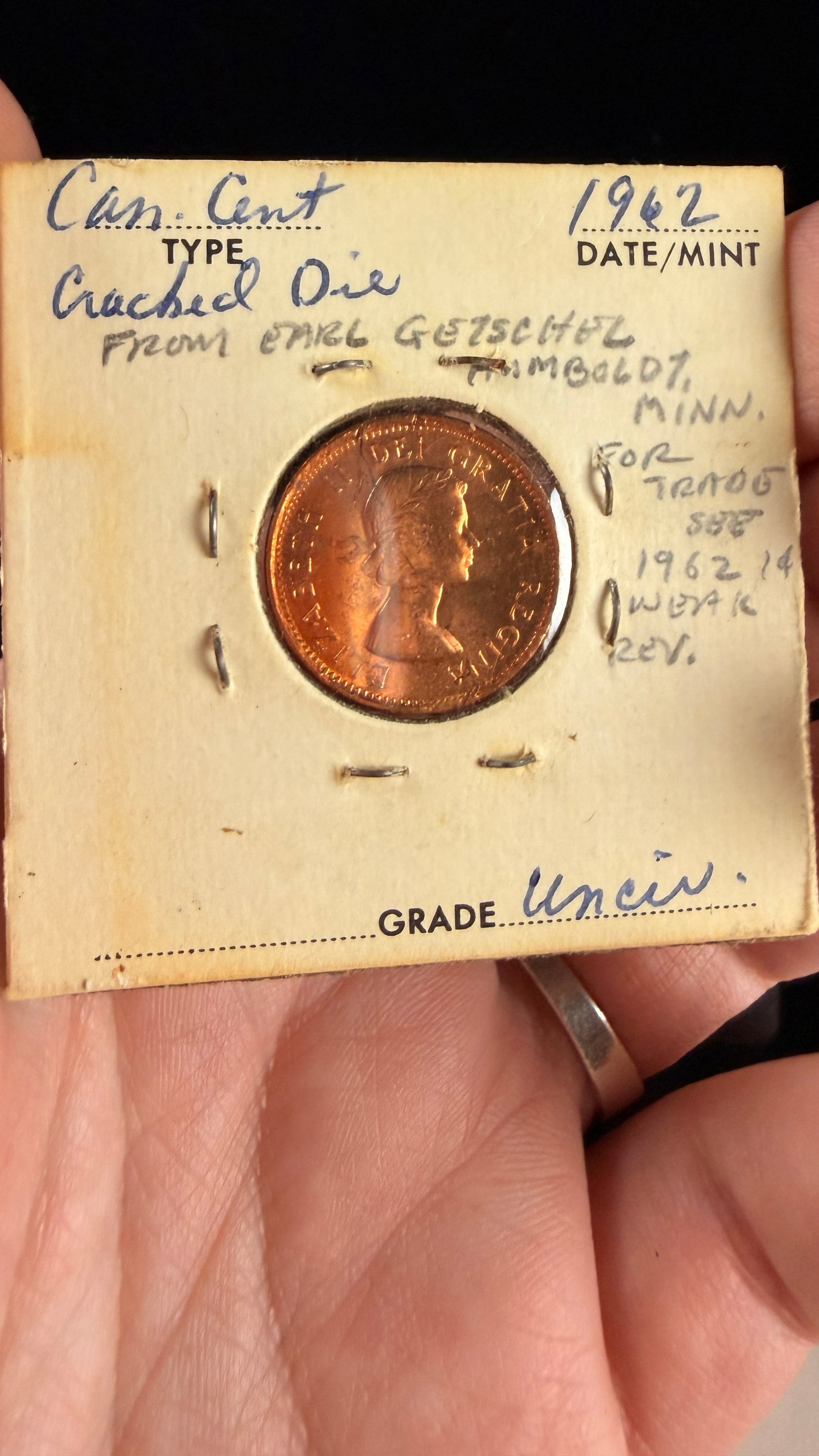 CA 1962 1 Cent Coin Broken Planchet Error - 2