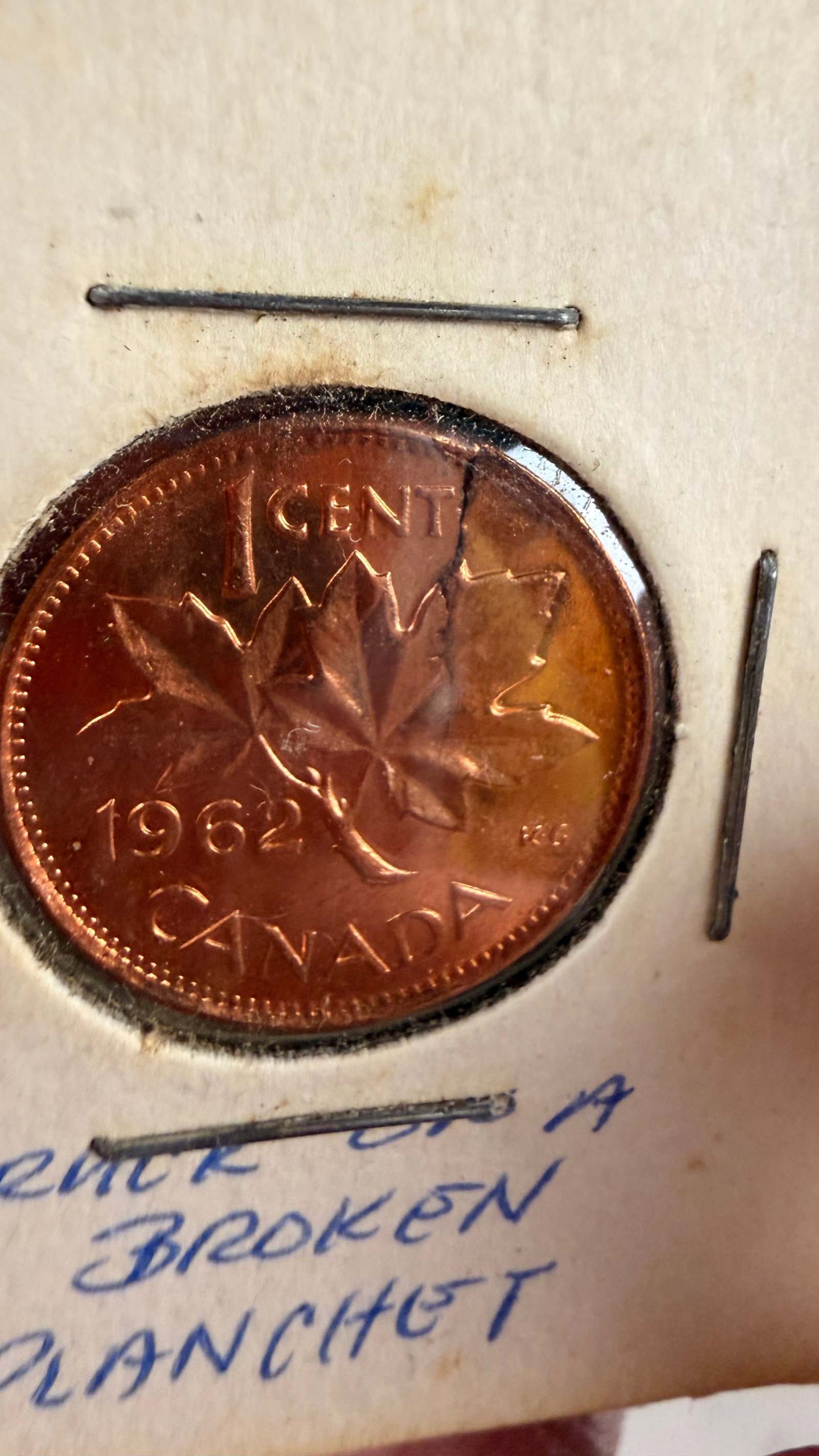 CA 1962 1 Cent Coin Broken Planchet Error - 3
